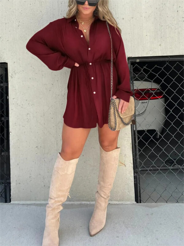 Women's Long Sleeve Jumpsuit With Button Fashion Shirt Dress - Image 5