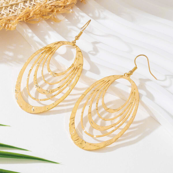 European And American Fashion Elegant 3 Layer Hollow Oval Shaped Big Gold-color Stainless Steel Dangle Drop Earrings - Image 4